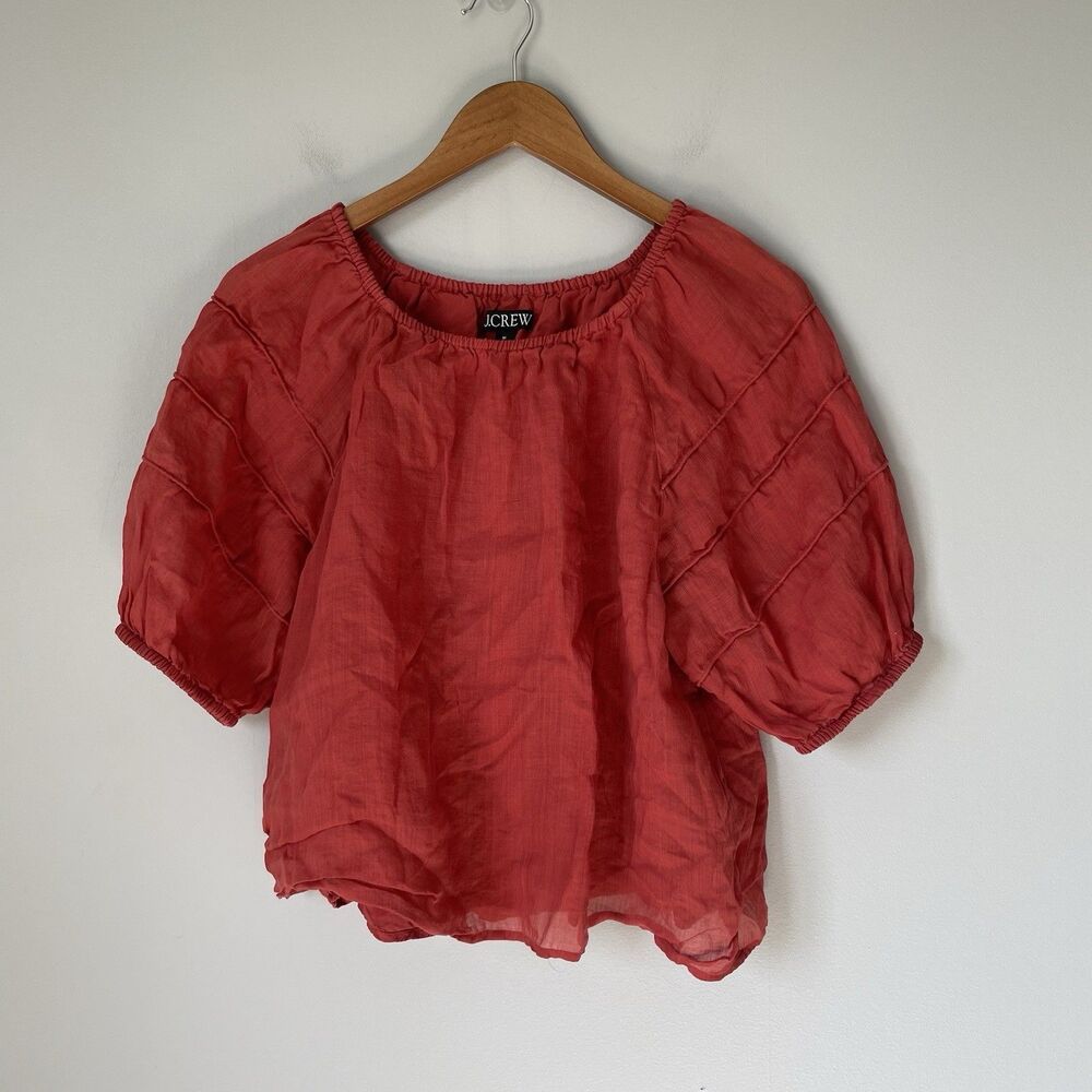 J. Crew Boho Flowy Blouse Top 100% Ramie Cropped Red Orange Women's Size Medium
